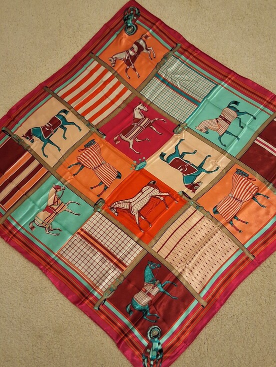 Accessories - NEW, Vibrant Equestrian Print Silk Scarf - Orange, Teal, Fuchsia